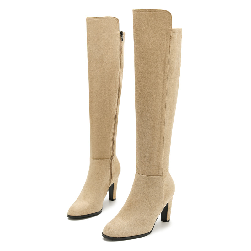 Shoeswoon Suede Round‑Toe Block Heel Side‑Zip Knee‑High Boots