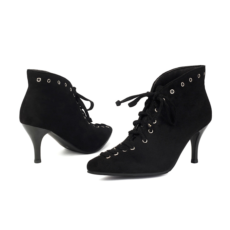 Shoeswoon Pointed Toe Lace‑Up Ankle Booties Eyelet Decor Stiletto Heel