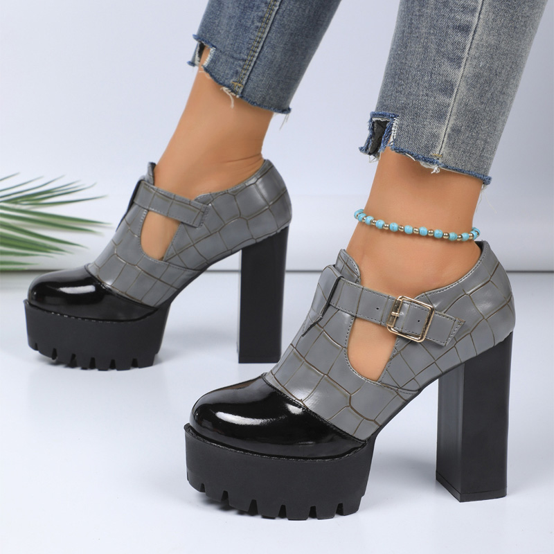 Shoeswoon Cap Toe Croc Print Side Cutout Chunky Platform Heels