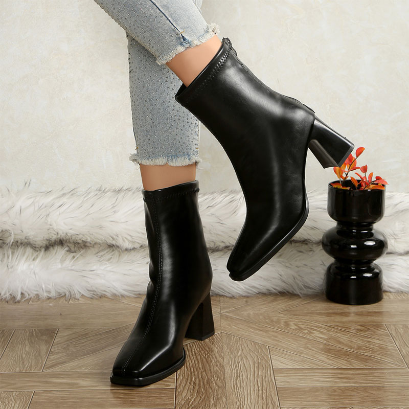 Shoeswoon Elegant Square Toe Flared Chunky Heel Rear Zipper Ankle Boots