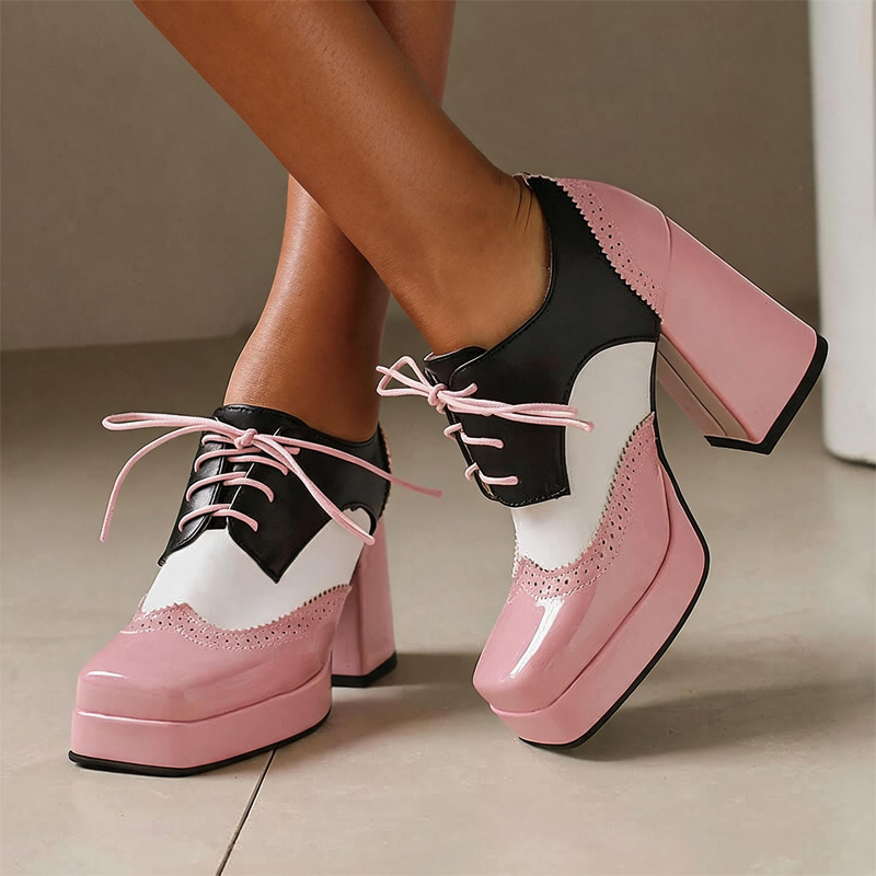 Shoeswoon Spliced Brogue Lace‑Up Platform Chunky Block Heel Oxford Shoes