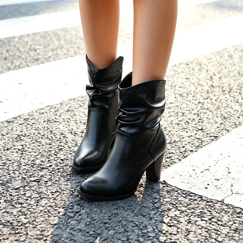Shoeswoon Ruched Shaft Round‑Toe Wooden Block Heel Mid‑Calf Boots