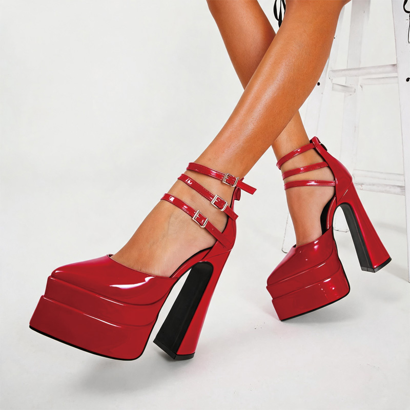 Shoeswoon Patent Triple Ankle Strap Double Platform Block Heel Pumps
