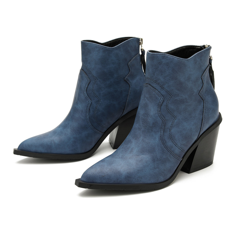 Shoeswoon Retro Tassel Back Zipper Chunky Block Heel Cowgirl Booties