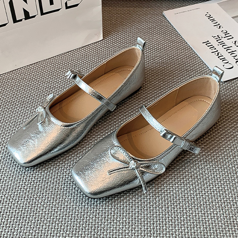 Shoeswoon Bow Decor Square Toe Flat Mary Jane Shoes