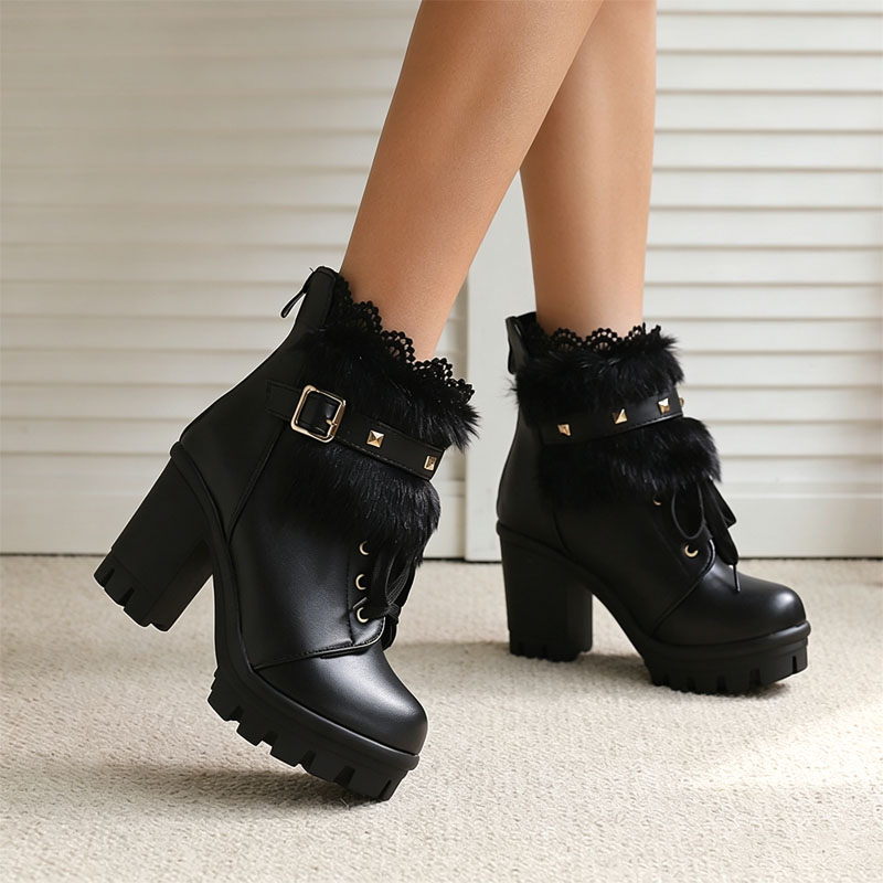 Shoeswoon Studded Buckle Fur Trim Ankle Booties Lace‑Up Platform Block Heel