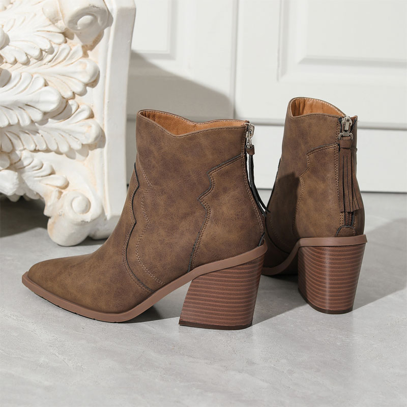 Shoeswoon Retro Tassel Back Zipper Chunky Block Heel Cowgirl Booties