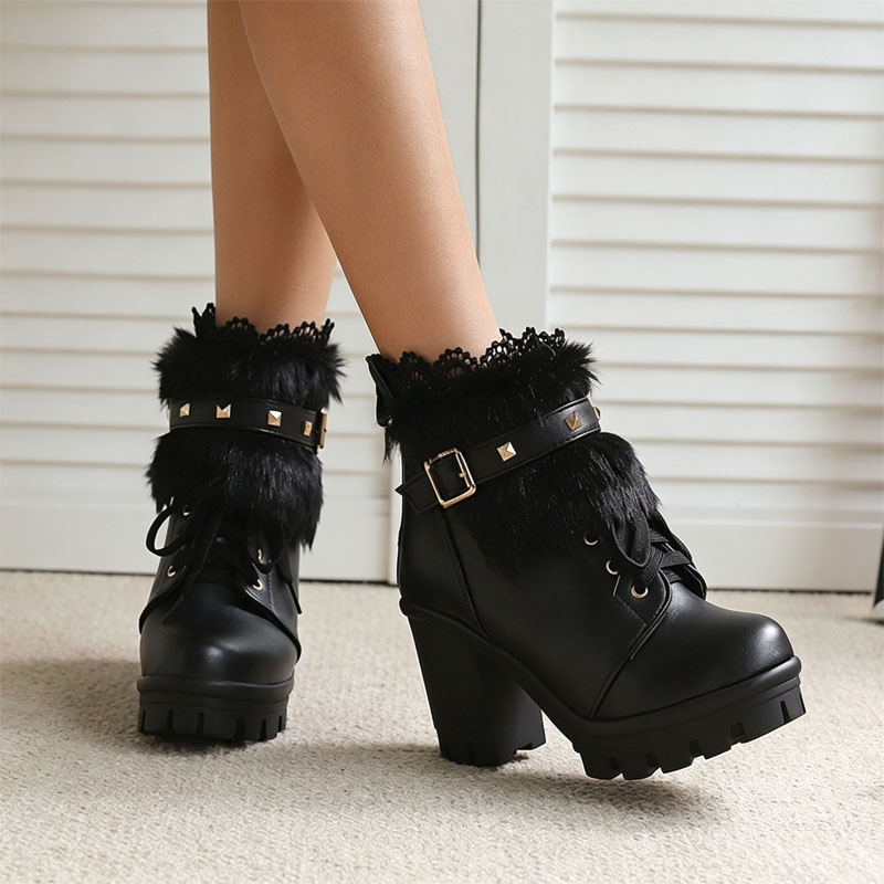 Shoeswoon Studded Buckle Fur Trim Ankle Booties Lace‑Up Platform Block Heel