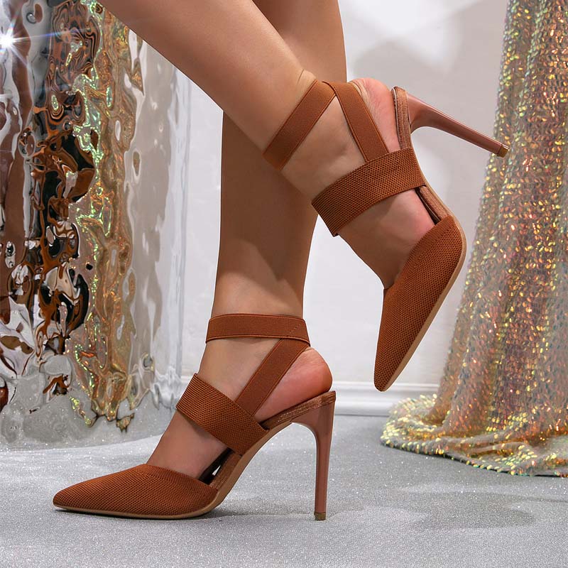 Shoeswoon Stretch Knit Pointed Toe Dual Band Ankle Strap Stiletto Heels