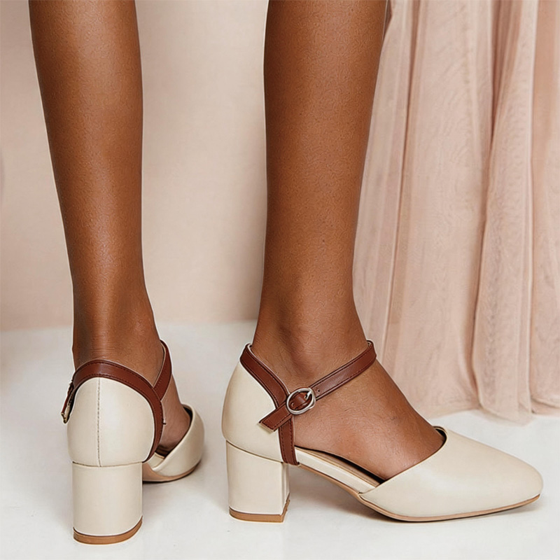 Shoeswoon Retro Color‑Block Ankle‑Buckle Mid Block‑Heel Mary Janes