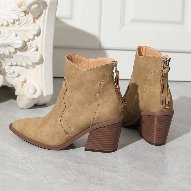 Shoeswoon Retro Tassel Back Zipper Chunky Block Heel Cowgirl Booties
