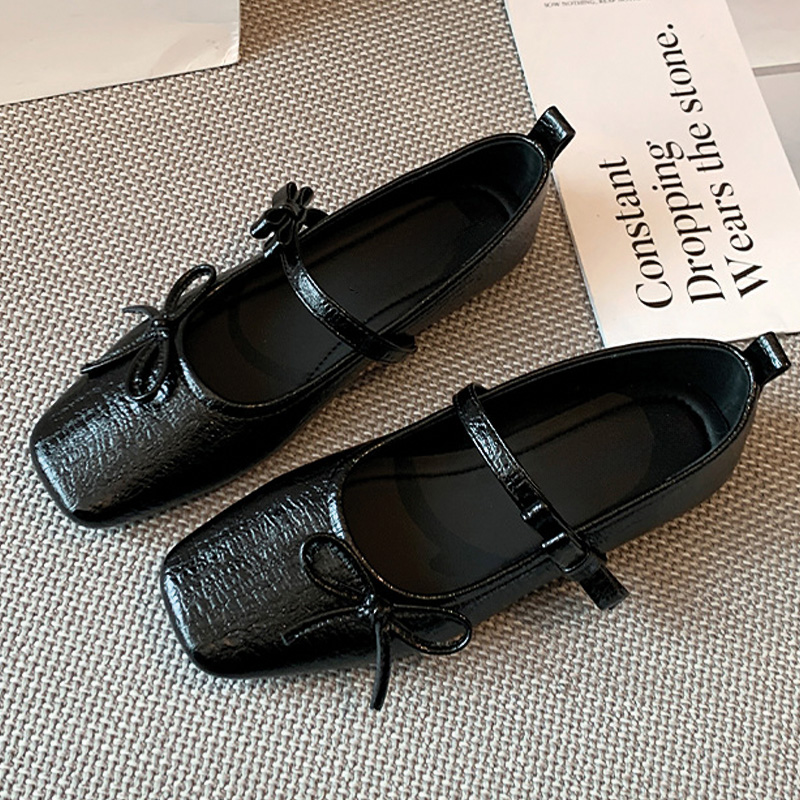 Shoeswoon Bow Decor Square Toe Flat Mary Jane Shoes