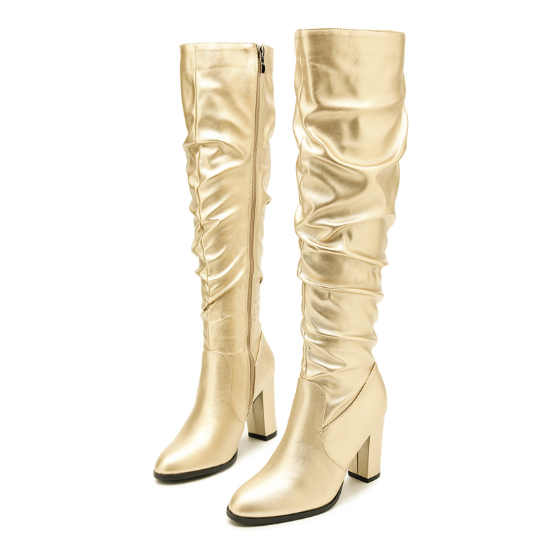 Shoeswoon Shiny Faux Leather Slouchy Side Zipper Block Heel Women's Tall Boots