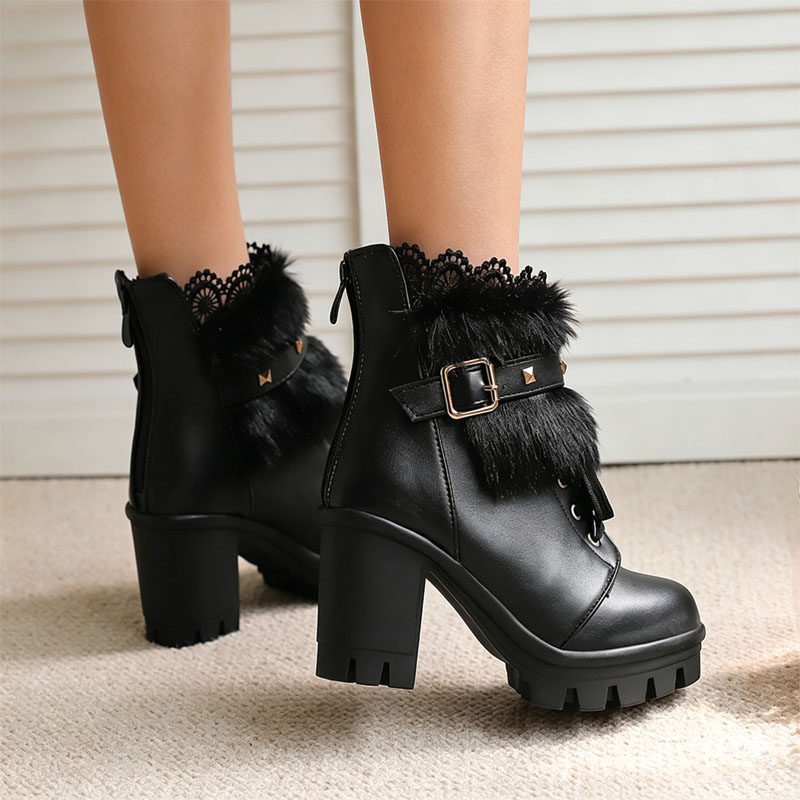 Shoeswoon Studded Buckle Fur Trim Ankle Booties Lace‑Up Platform Block Heel