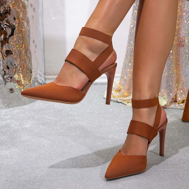 Shoeswoon Stretch Knit Pointed Toe Dual Band Ankle Strap Stiletto Heels
