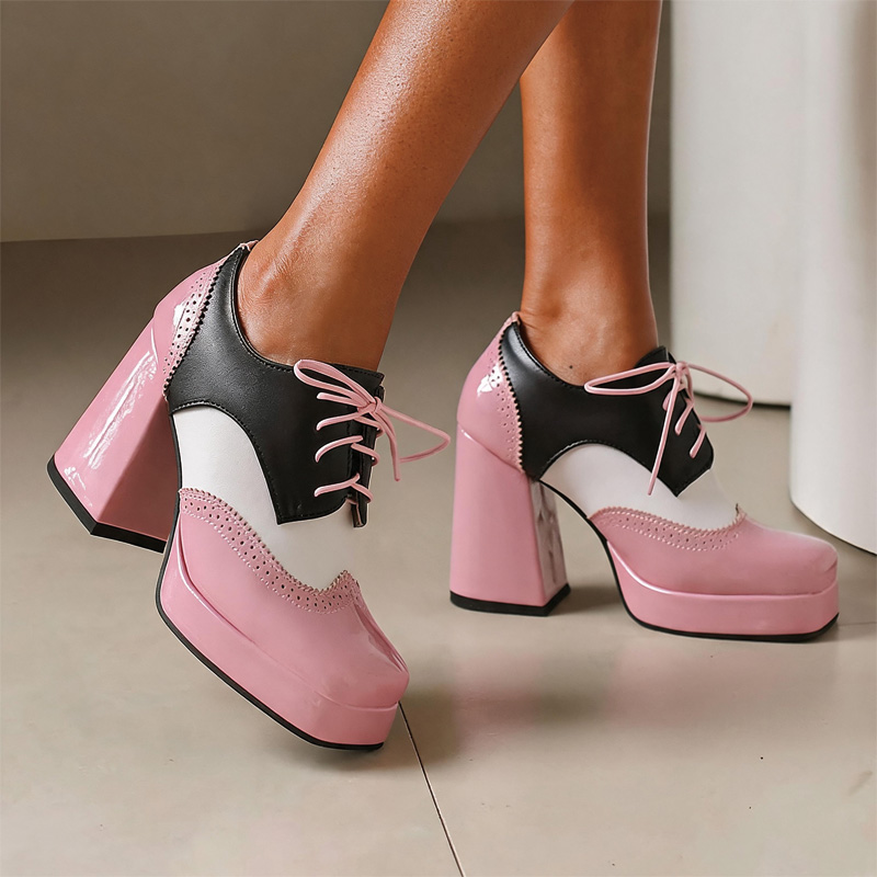 Shoeswoon Spliced Brogue Lace‑Up Platform Chunky Block Heel Oxford Shoes
