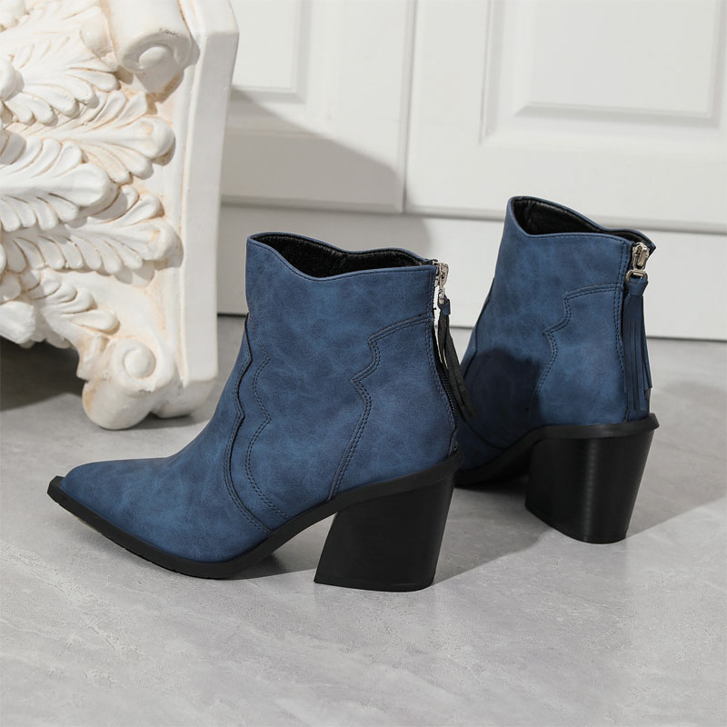 Shoeswoon Retro Tassel Back Zipper Chunky Block Heel Cowgirl Booties
