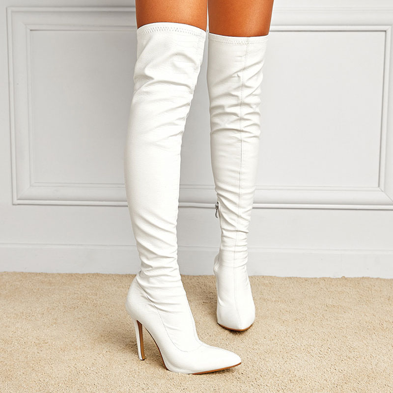 Shoeswoon Glossy Croc Embossed Side Zipper Stiletto Thigh High Boots