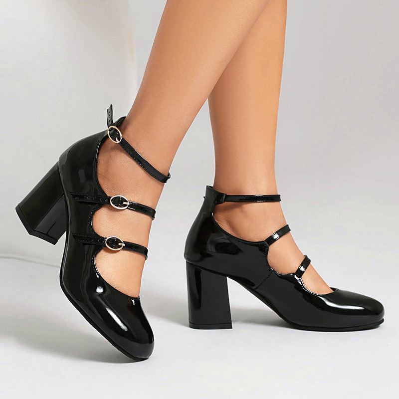 Shoeswoon Round Toe Triple Strap Patent Mary Janes Mid Block Heel