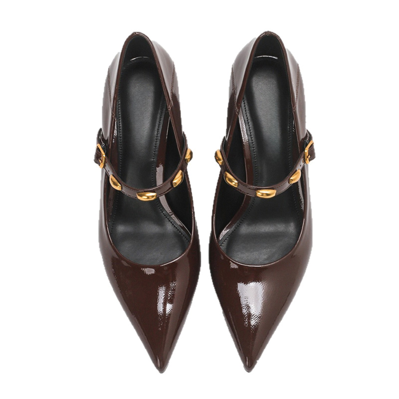 Shoeswoon Pointed Toe Glossy Patent Mary Janes Gold Decor Strap Mid Block Heel