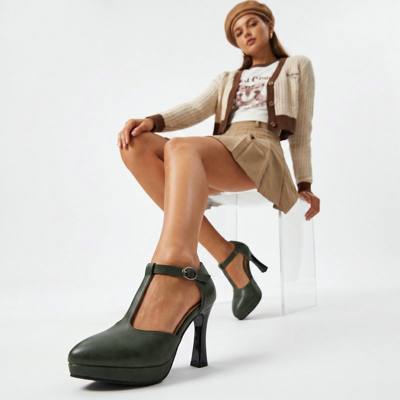 Shoeswoon Retro Platform T‑Strap Buckle Cutout Mary Jane Heels