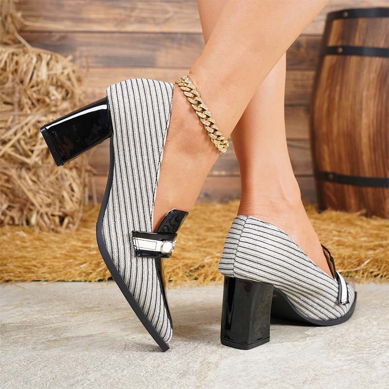 Shoeswoon Retro Pointed‑Toe Striped Patent Mix Block Heel Loafer Shoes