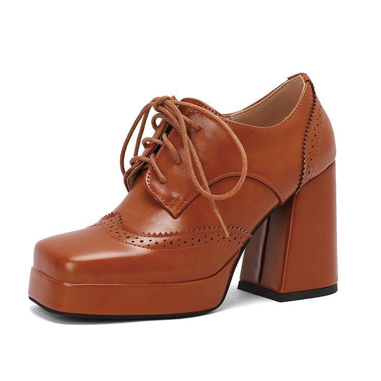 Shoeswoon Spliced Brogue Lace‑Up Platform Chunky Block Heel Oxford Shoes