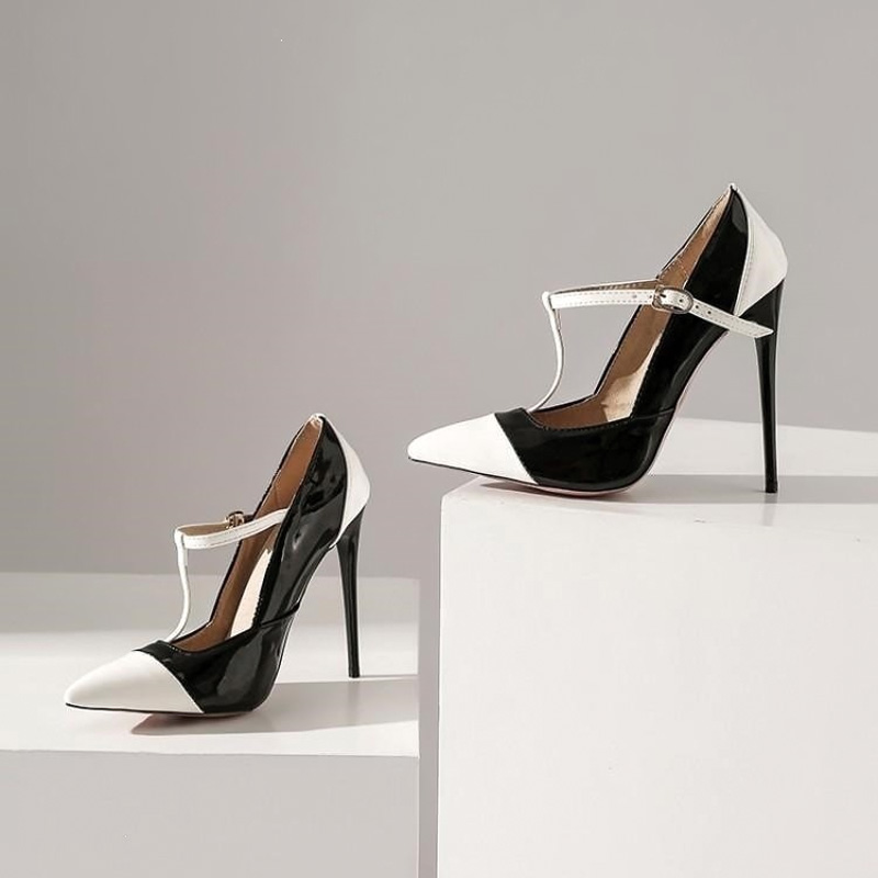 Shoeswoon Retro T‑Strap Pointed‑Toe Ankle Strap Party Stiletto Heels