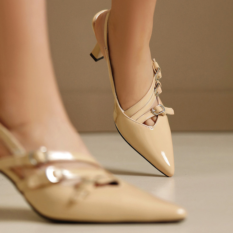 Shoeswoon Multi‑Buckle Leopard Print Pointed Toe Slingback Flared Heel Pumps