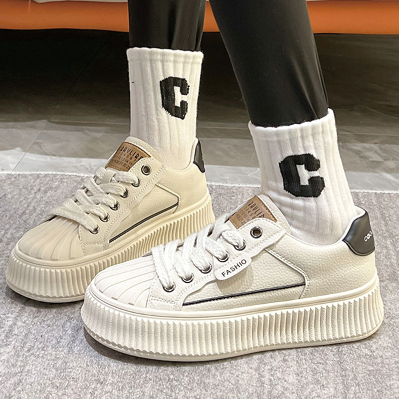 Shoeswoon Retro Shell Head Thick‑Ridged Sole Faux‑Leather Lace‑Up Chunky Fashion Sneakers
