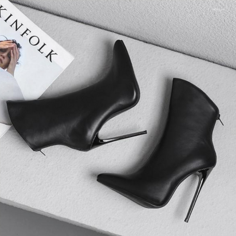 Shoeswoon Sleek Back Zip‑Up Metallic Stiletto Heel Ankle Boots