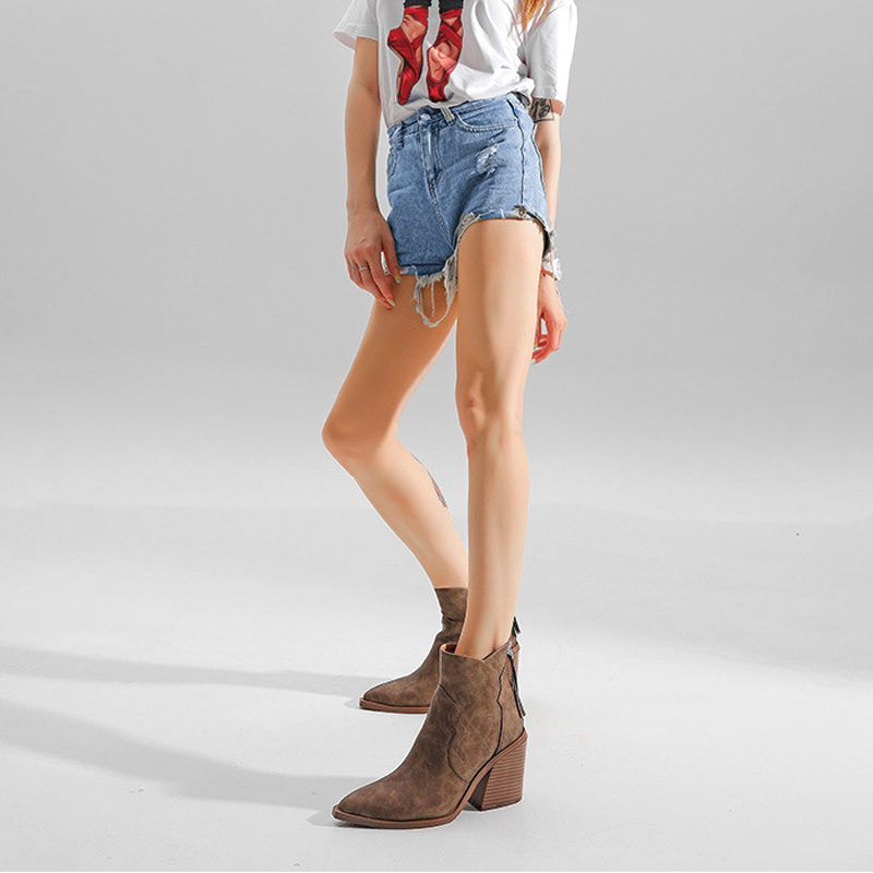 Shoeswoon Retro Tassel Back Zipper Chunky Block Heel Cowgirl Booties