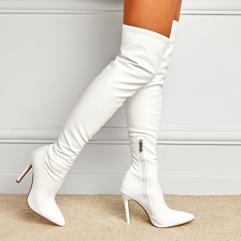 Shoeswoon Glossy Croc Embossed Side Zipper Stiletto Thigh High Boots
