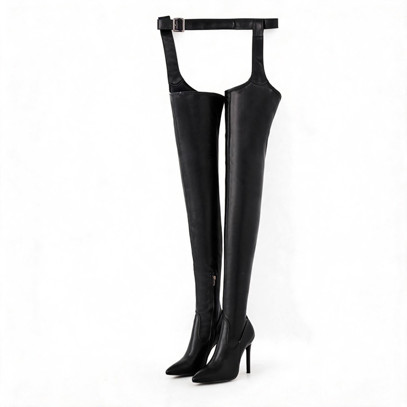 Shoeswoon Cut‑Out Waist Strap Pointed Toe Stiletto Over‑The‑Knee Boots