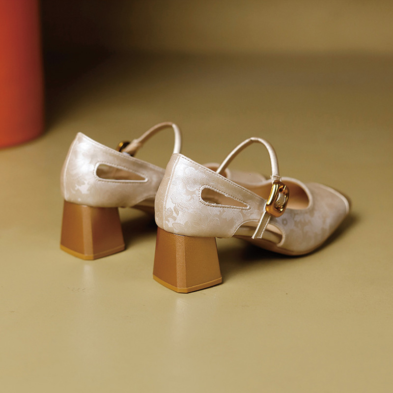 Shoeswoon Square‑Toe Side Cut‑Out Mary Jane Pumps Vintage Jacquard Dress Heels