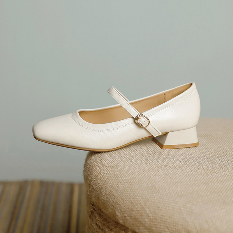 Shoeswoon Soft Leather Mary Janes Adjustable Buckle Instep‑Strap Low Heel Daily Shoes