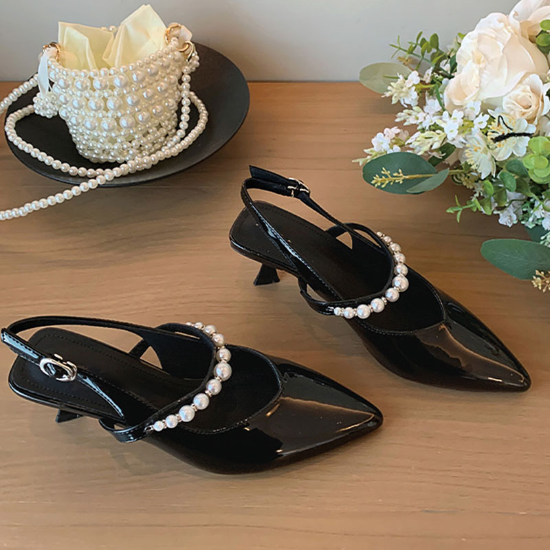 Shoeswoon Pearl Strap Pointed Toe Slingback Kitten Heels
