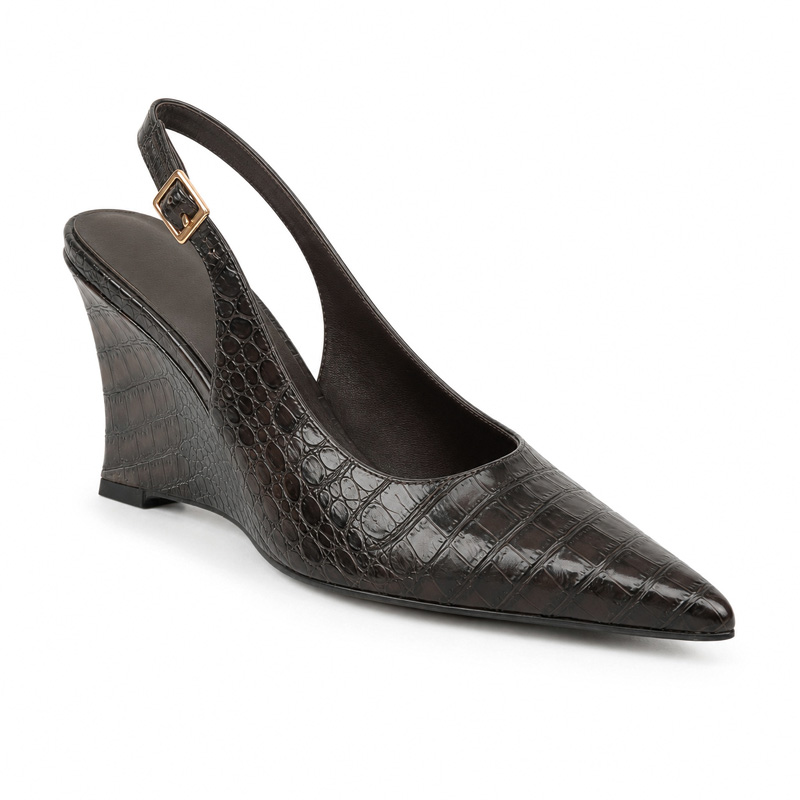 Shoeswoon Croc Embossed Pointed Toe Slingback Wedge Pumps