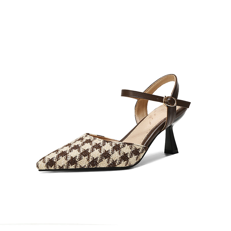 Shoeswoon Plaid Fabric Slingback Heels Ankle Buckle Strap Heels