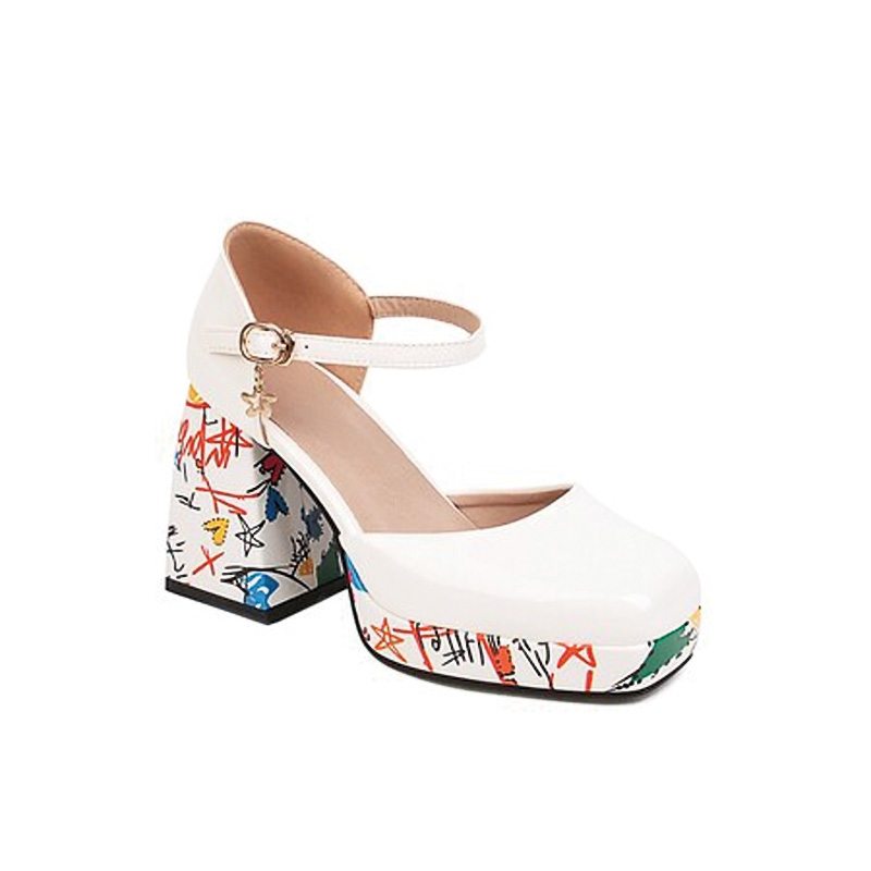 Shoeswoon Square Toe Ankle Strap Platform Heels Printed Chunky Block Heel