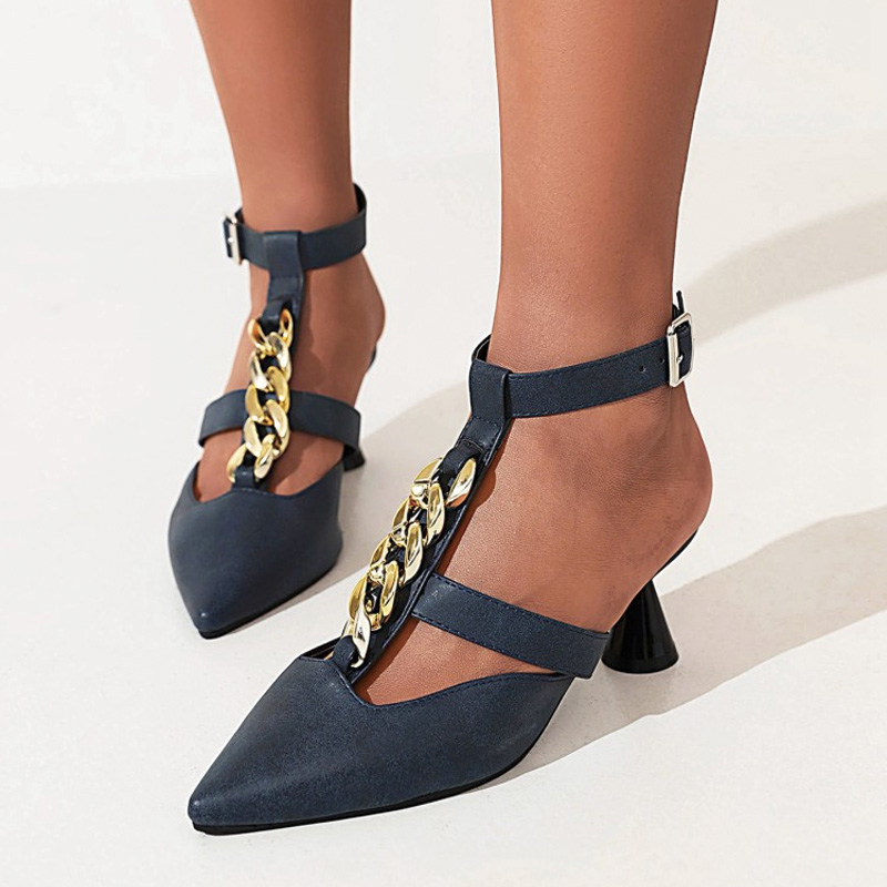 Shoeswoon Metal Chain Pointed Toe T‑Strap Ankle Strap Heels