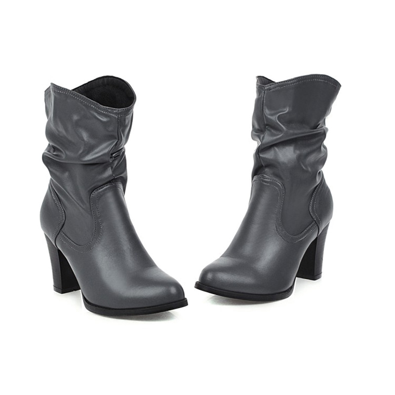 Shoeswoon Ruched Shaft Round‑Toe Wooden Block Heel Mid‑Calf Boots