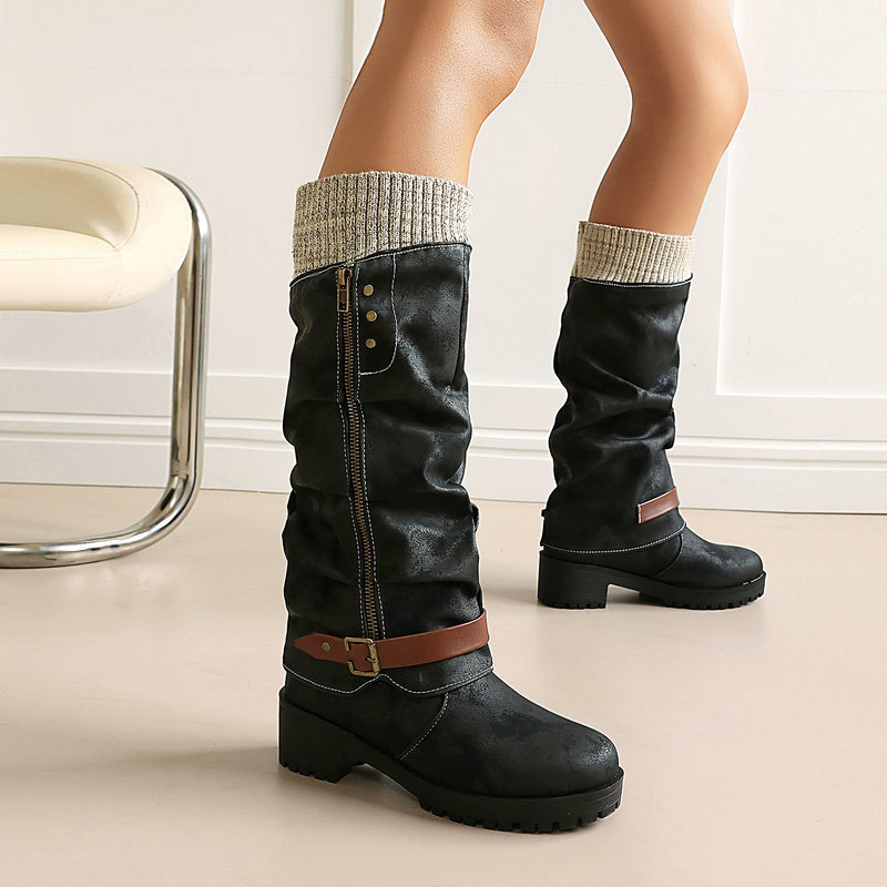 Shoeswoon Knit Cuff Buckle‑Decor Side‑Zip Platform Block Heel Knee‑High Boots
