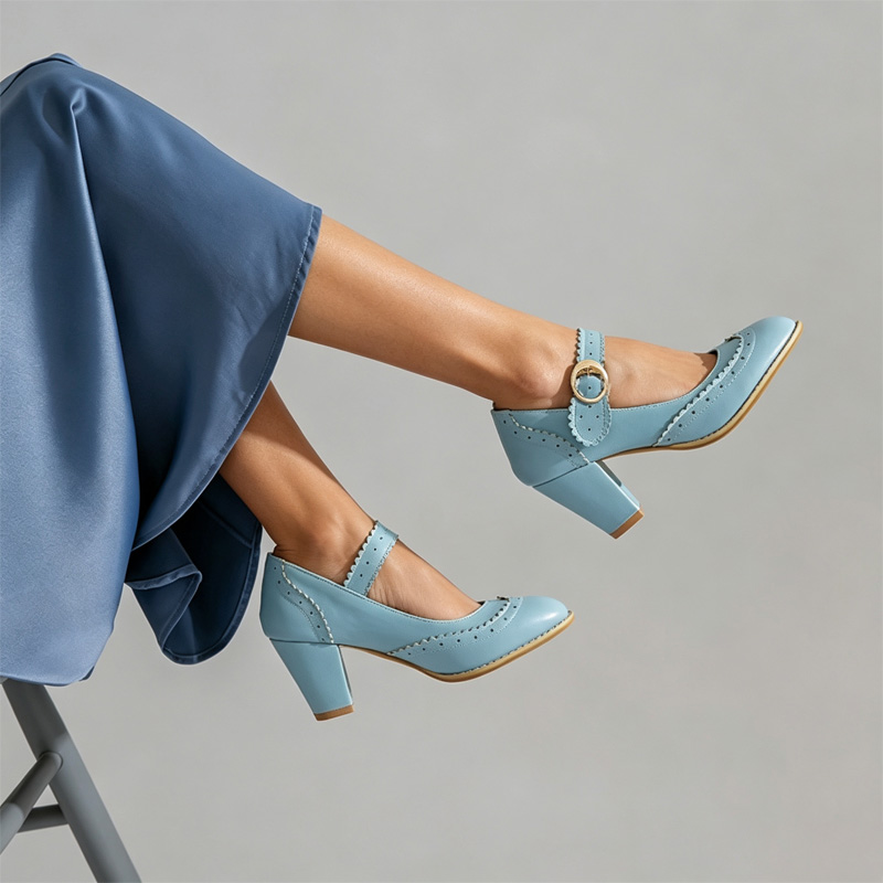Shoeswoon Scalloped Brogue Perforated Mary Jane Block Heel Pumps
