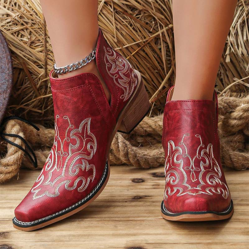 Shoeswoon Embroidery Western Ankle Booties Cut‑Out Stacked Block Heel