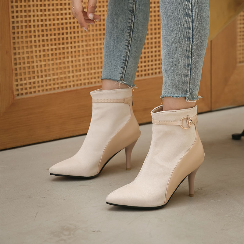 Shoeswoon Mixed‑Texture Pointed Toe Ankle Booties Metal Buckle Stiletto Heels