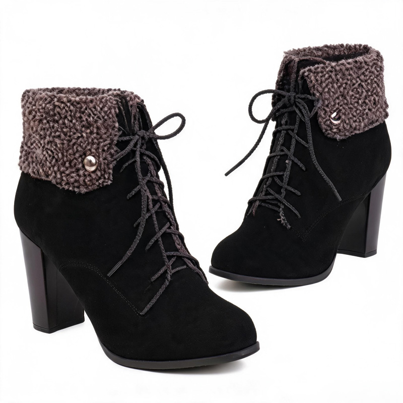 Shoeswoon Fleece‑Cuff Lace‑Up Ankle Booties Faux‑Fur Trim Block Heel