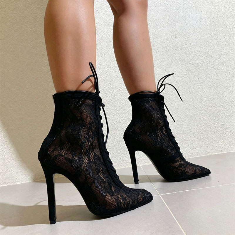 Shoeswoon Lace Mesh Pointed‑Toe Ankle Booties Lace‑Up Stiletto Heel