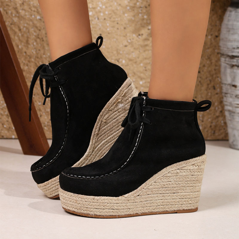 Shoeswoon Bohemian Stitch Detail Platform Wedge Ankle Boots