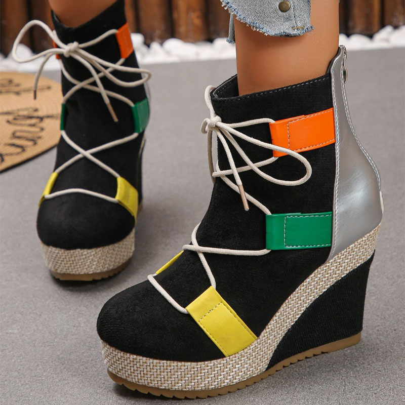 Shoeswoon Trendy Front Lace Up Textured Upper Platform Wedge Boots